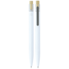 Two white pens with bamboo accents at the top. The pen on the left has a recycling symbol near the top, while the pen on the right features a black clip on the side. Both pens have a minimalist design.