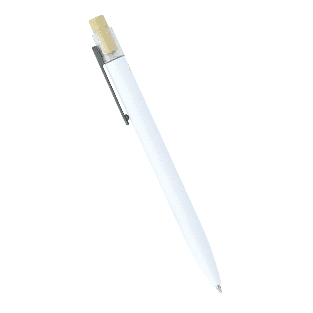 A white retractable ballpoint pen with a metal clip and an eraser housed in a transparent cap on the top.