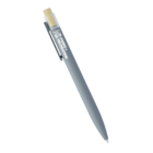 A gray ballpoint pen with a sleek design features a clip and a small wooden piece at the top. The pen is branded with the Parks + Recreation logo in white on the side.
