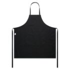 A plain black apron with a neck loop and long waist ties is displayed. The apron features a large central pocket and is photographed against a white background.