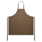 A brown apron with neck and waist straps, featuring a large front pocket, displayed on a white background.