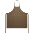 A brown apron with a neck loop and two waist ties, featuring a large central pocket on the front. The apron is laid flat, showcasing its simple, functional design.