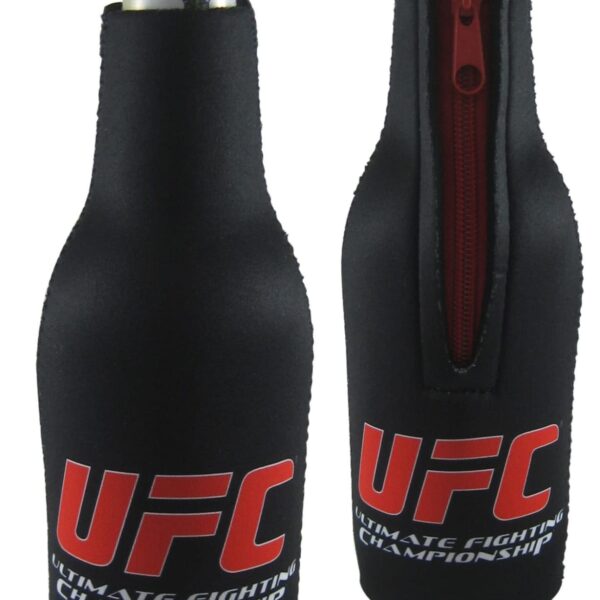 Two green beer bottles with black neoprene sleeves featuring the red and white UFC logo and a zipper closure on one sleeve.