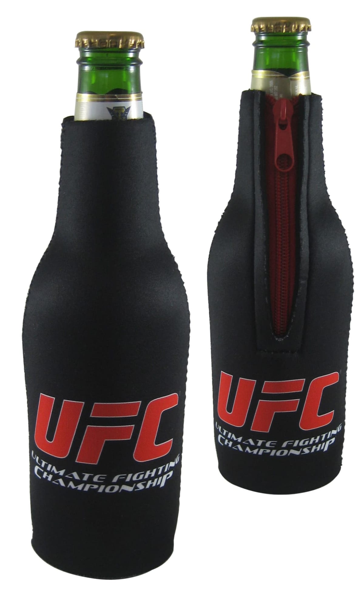 Two green beer bottles with black neoprene sleeves featuring the red and white UFC logo and a zipper closure on one sleeve.