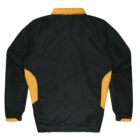 A dark green jacket with long sleeves, featuring yellow accents on the sides and the collar. The jacket is displayed from the back, showing a simple and clean design.