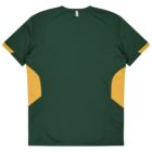 The image shows the back of a green T-shirt with yellow side panels and short sleeves. The shirt appears to be made of lightweight, breathable fabric, suitable for sports or casual wear.