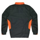 A jacket with a dark green back and orange accents on the sides and collar. The sleeves are long and elasticated at the cuffs.