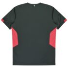 A dark green t-shirt with short sleeves, featuring red accents on the sides and sleeves. The back of the shirt is displayed on a plain white background.