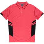 A short-sleeved pink polo shirt with black accents on the sides and sleeves, featuring a classic collar and button placket.