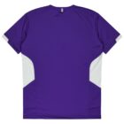 A purple short-sleeved shirt with white geometric panels on the sides and gray accents on the sleeves. The back view is shown, highlighting the simple, athletic design.