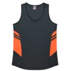 A dark sleeveless athletic tank top with a V-neck and two orange vertical stripes on each side extending from the armpit to the hem.