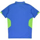 The image shows the back view of a blue short-sleeved polo shirt with green accents on the sides and sleeves. The shirt has a simple collar and no visible logos or designs.