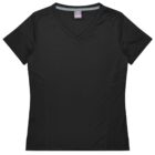 A black short-sleeve, V-neck athletic shirt with subtle side seams for added detail, displayed on a plain white background.
