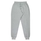 Gray sweatpants with an elastic waistband and cuffs are neatly laid flat. The pants feature two side pockets and are made of soft, comfortable fabric.