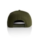 The image shows the back of an olive green baseball cap with an adjustable strap and snap closure. The cap is positioned on a reflective white surface.