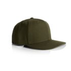 A green baseball cap with a flat brim and six panels, displayed against a white background. The caps shadow is visible on the surface below.