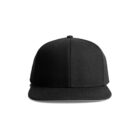 A black snapback cap with a flat brim, front view. The cap is plain with no logos or designs, and it is centered on a white background.