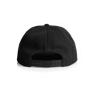The image shows the back view of a black snapback cap. The cap features an adjustable strap with multiple holes and a plastic snap closure, allowing for size adjustment. It has a slightly curved brim and a classic design.