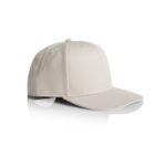 A plain, light beige baseball cap is positioned slightly to the side. It features a curved brim and a button on top, with no visible logos or designs. The cap is placed against a white background, partly reflected below it.