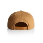 A brown baseball cap shown from the back, featuring an adjustable strap with a plastic clasp. The cap is positioned on a white reflective surface, highlighting its simple and casual design.