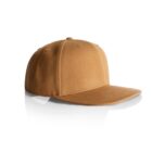 A brown baseball cap with a flat brim displayed on a reflective white surface, viewed from a slight side angle.