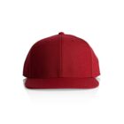 A red baseball cap with a flat brim, viewed from the front against a white background.