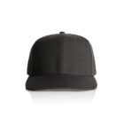 Front view of a plain black baseball cap with a flat bill, set against a white background.