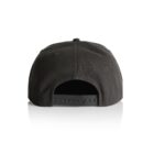 Back view of a black snapback cap on a white background. The adjustable strap and small ventilation holes are visible.