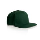 A green snapback hat with a flat brim is shown on a white background. The cap has a structured crown and eyelets for ventilation.