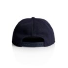A navy blue baseball cap viewed from the back, showing an adjustable strap with snap buttons. The cap is set against a white background, and there is a slight reflection below it.