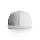 Front view of a plain white snapback cap with a flat brim, centered on a white background. The cap features a structured design with a button on top, sewn eyelets, and panel stitching.