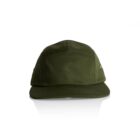 A green five-panel cap with a flat brim, viewed from the front, on a white background.