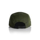 A dark green cap is shown from the back, featuring a black adjustable strap and a small metal buckle. The cap is reflected on a glossy white surface.