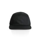 A black baseball cap viewed from the front, isolated on a white background. The cap features a flat bill and a panel design with subtle stitching details.