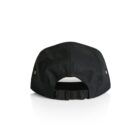 A black baseball cap shown from the back. The cap features an adjustable strap with a plastic buckle and two ventilation eyelets on either side. The background is plain white.