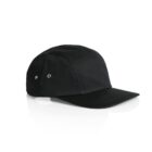 A black five-panel cap with a flat brim and two metal eyelets on each side. The cap is shown from the front-left angle, against a white background.