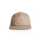 A beige, five-panel cap with a curved brim, shown from the front. The cap has stitching details and is set against a plain white background.