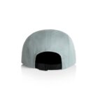 A light gray baseball cap viewed from the back, featuring a black adjustable strap and buckle. The cap is on a white background, reflecting light slightly at the base.