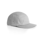 A light gray, five-panel cap is shown with a short, flat brim. The cap features a seamless, smooth surface with two small ventilation eyelets on the side. It is placed on a plain white background.