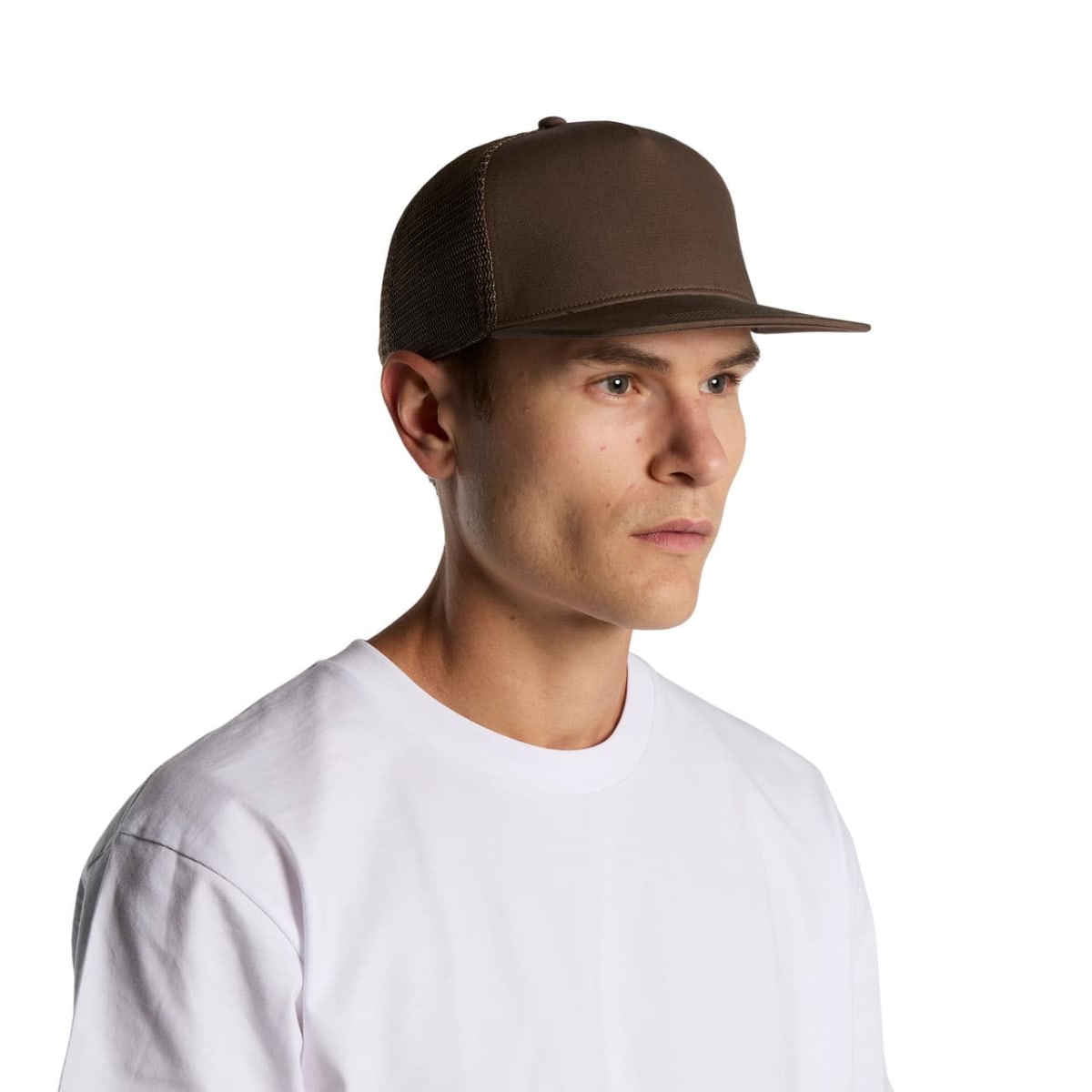 Man wearing a brown baseball cap and white t-shirt, looking to the side on a plain white background.