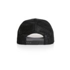 A black mesh trucker hat shown from the back. It features an adjustable snap closure and a curved brim. The back panels are made of mesh material.