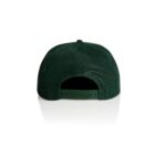 Dark green mesh baseball cap viewed from the back, featuring an adjustable snapback closure. The cap is positioned on a reflective white surface.