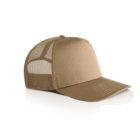 A brown trucker hat with a solid front and a mesh back panel, sitting on a reflective white surface. The hat features a curved brim and a button on top.