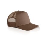 A brown trucker hat with a solid front panel and a mesh back is displayed against a white background. The cap has a curved brim and is positioned at a slight angle.