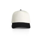 A baseball cap with a white crown and a black brim, viewed from the front against a plain background.