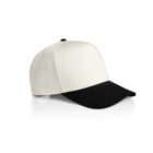 A baseball cap with a white crown and a black visor, displayed on a white background.