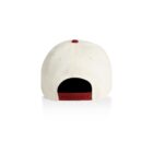 Back view of a white baseball cap with a red adjustable strap and button on top, isolated on a white background.