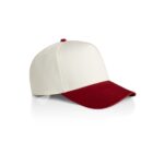 A baseball cap with a white crown and a red curved brim, set against a white background.