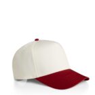 A white baseball cap with a red brim and top button, shown against a white background.