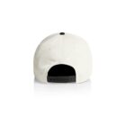 Back view of a white baseball cap on a reflective surface, featuring a black adjustable snapback closure.